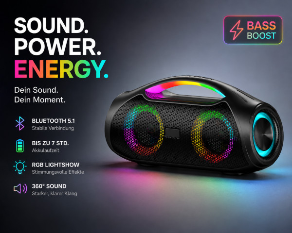 LED Bluetooth BoomBox30, 30W Stereo, USB, AUX, microSD